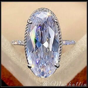 New big simulated diamond oval pave cocktail wedding silver ring